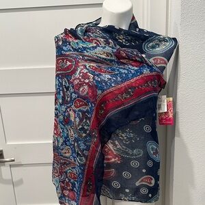 NWT Torino Vibrant Paisley Scarf in Navy, Red, Blue Hues